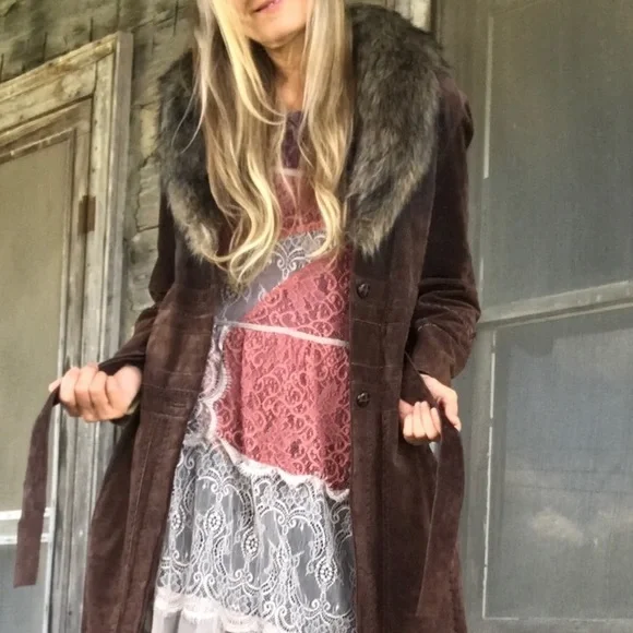 Wilsons Leather suede Brown Trench Coat with Faux Fur Collar - Picture 2 of 12